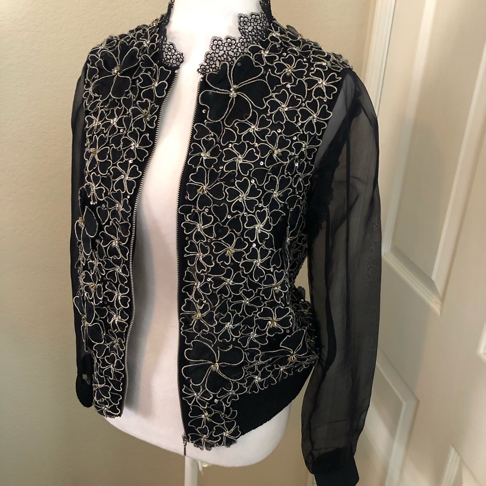 Elie Tahari Designer Sheer Organza Floral Appliqué Navy Bomber Jacket